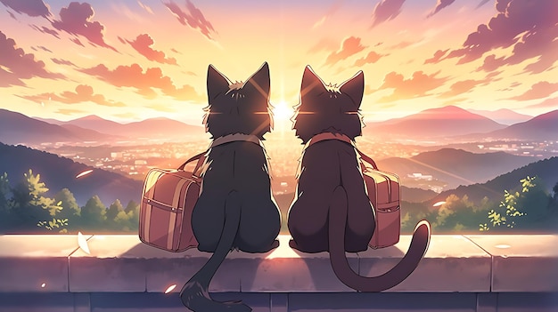 Photo anime little cat and dog duo adventure with apocalyptic city background