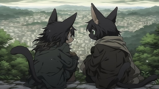 Photo anime little cat and dog duo adventure with apocalyptic city background