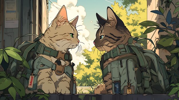 anime little cat and dog duo adventure with apocalyptic city background