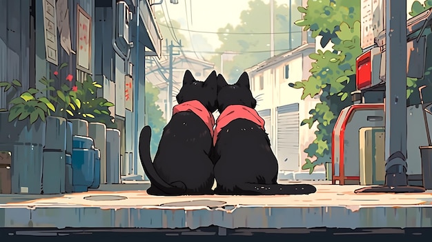 anime little cat and dog duo adventure with apocalyptic city background