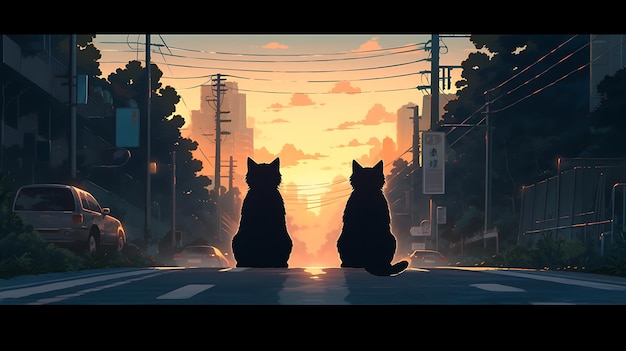 anime little cat and dog duo adventure with apocalyptic city background