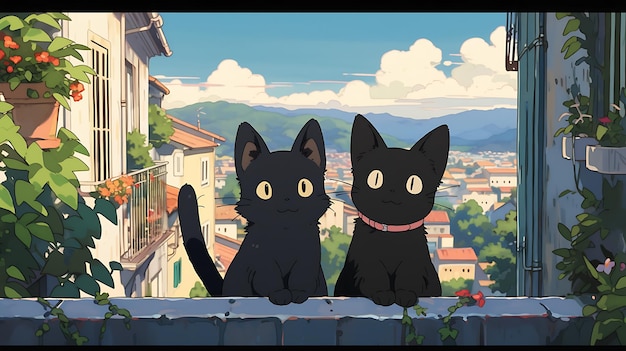 anime little cat and dog duo adventure with apocalyptic city background