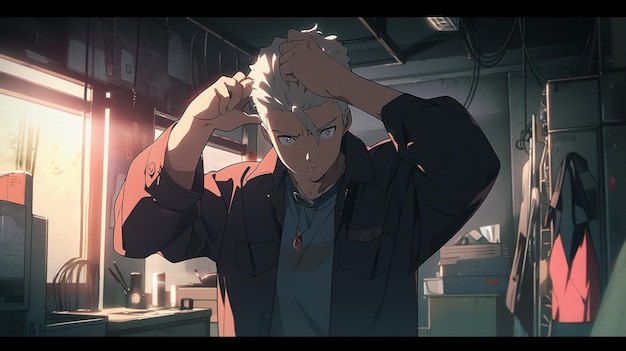 Anime man in a dark jacket holding his head in his hands generative ai