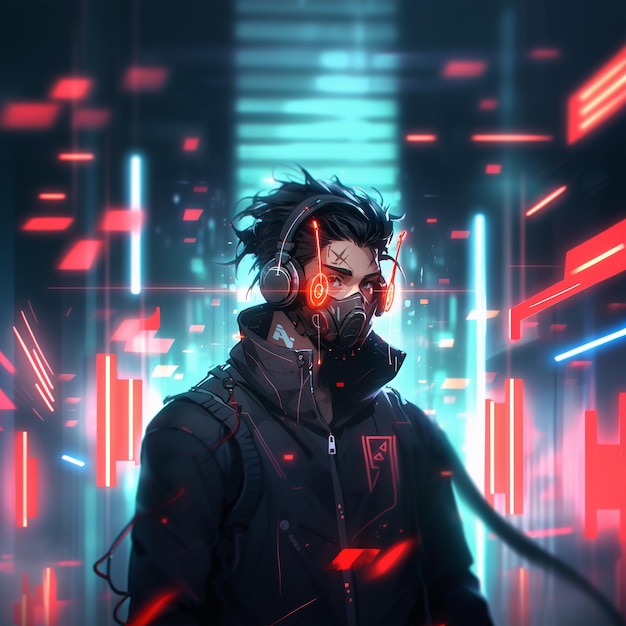 anime-man in de cyberpunkstijl van de stad