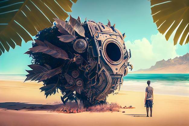 Anime man looking at a futuristic mechanism on the beach Generative AI Generative AI