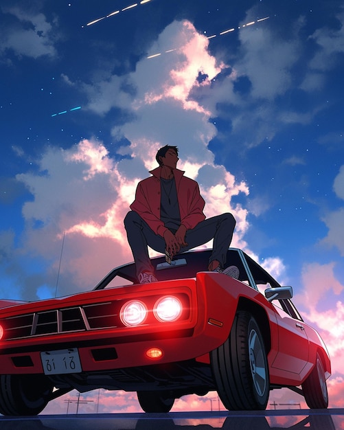 Anime man sitting on top of a red car with a sky background generative ai