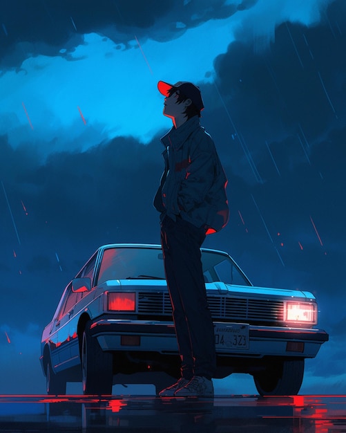 Anime man standing in front of a car in the rain generative ai