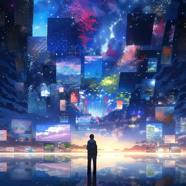 Anime man standing in front of a wall of multiple screens generative ai