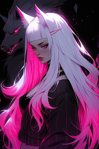 Anime manga demon girl Vector illustration on a dark background