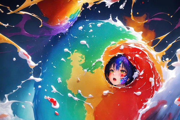 Anime manga girl in a rainbow colors vortex illustration generative ai