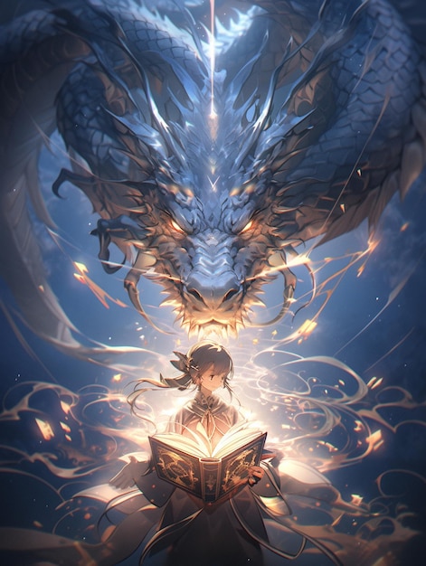 anime meisje dat een boek leest met een draak op haar hoofd generatieve ai