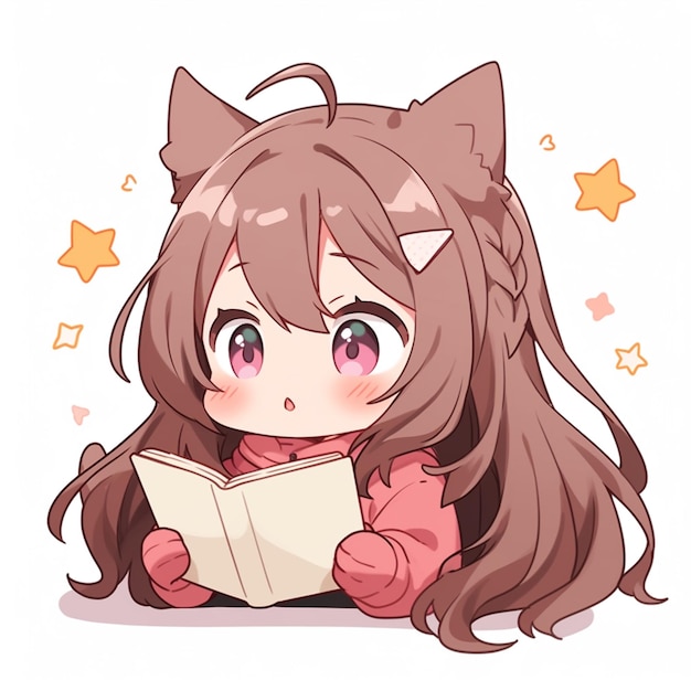 anime meisje dat een boek leest met een kat ooren en sterren generatieve ai