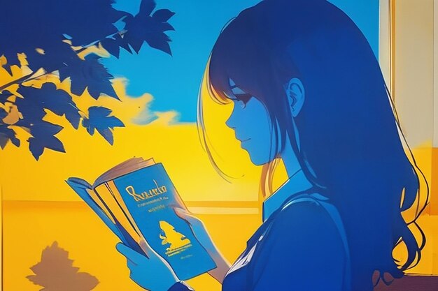 Anime meisje dat een boek leest zittend in een boekenstoel