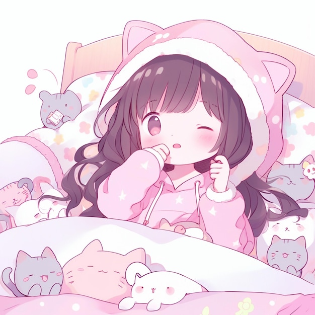 Anime meisje in bed met veel katten en kittens rond haar generatieve ai