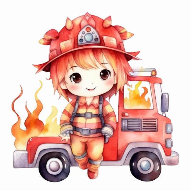 Foto anime meisje in brandweerman kostuum zittend op een brandweerwagen generatieve ai