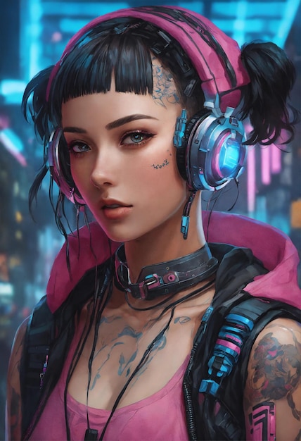 Foto anime meisje in cyberpunk stad