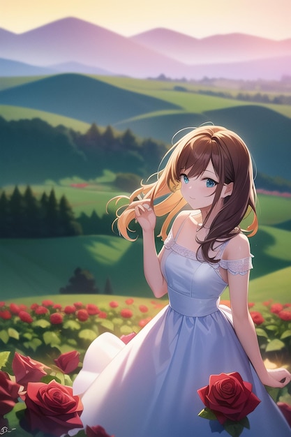 Anime meisje in een blauwe jurk staande in een veld