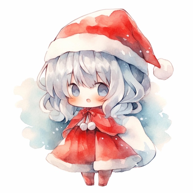anime meisje in een rode jurk en kerstman hoed met een sneeuw achtergrond generatieve ai