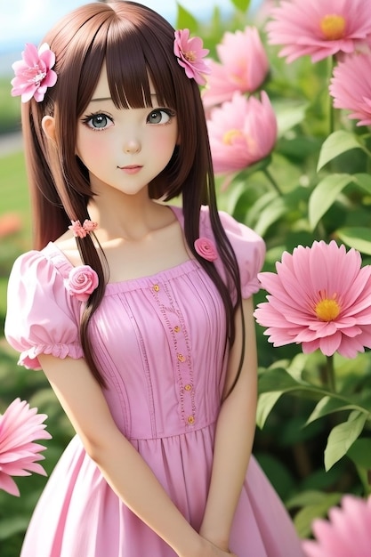 Anime meisje in een roze jurk op zoek naar jou