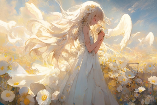Anime meisje in een witte jurk staat in een veld van bloemen generatieve ai