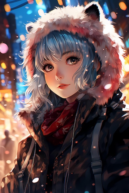 Anime meisje in kattenkostuum sneeuwende digitale kunst