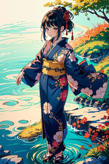 Foto anime meisje in kimono bij het water