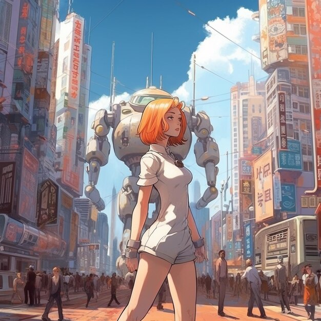 Anime meisje in korte korte broek en een wit shirt loopt door een straat generatieve ai