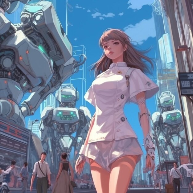 Anime meisje in korte rok loopt door een straat met robots op de achtergrond generatieve ai