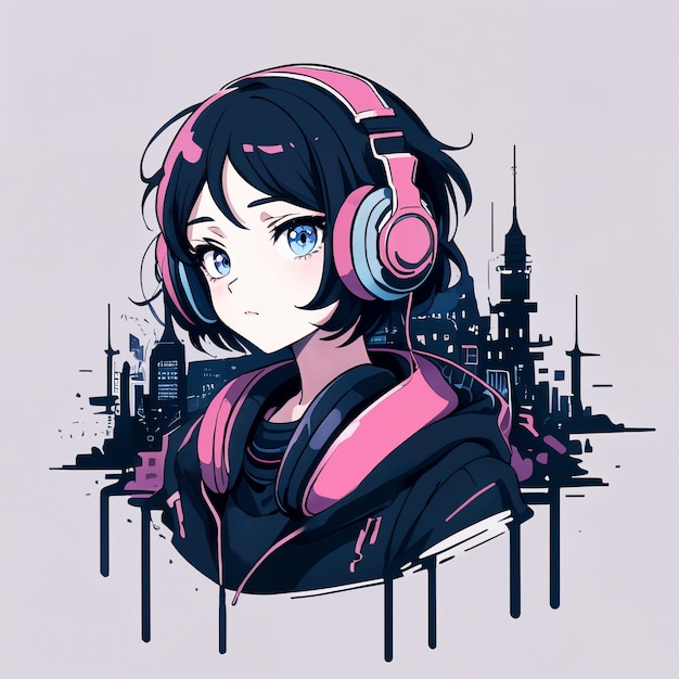 Anime meisje in roze koptelefoon voor een stadslandschap