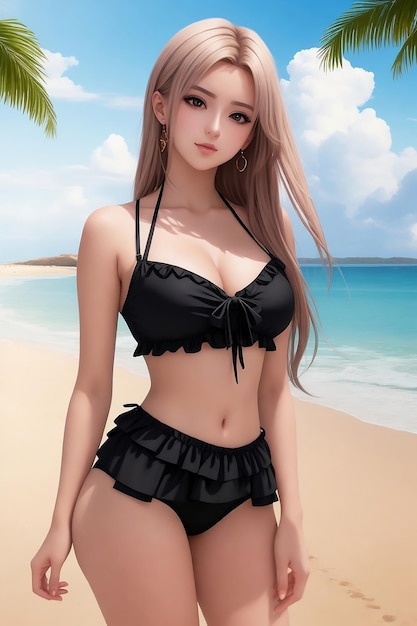 Anime-meisje in zwarte zwempakafbeeldingen met gegenereerde ai