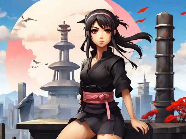Anime meisje jong ninja meisje op Japan monument achtergrond