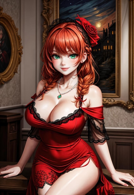 Anime meisje karakter fantasie rode jurk