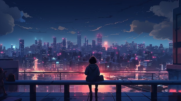 anime meisje kijkend naar de skyline van de stad 's nachts generatieve ai