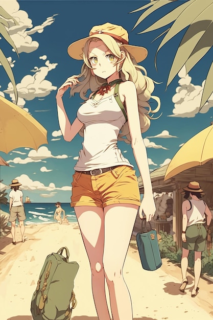 Anime meisje loopt op strand jonge mooie vrouw op zomervakantie illustratie generatieve AI