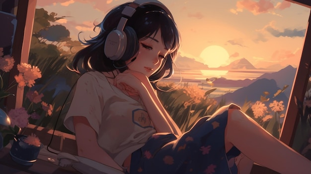 anime meisje luistert naar muziek terwijl ze op een bankje zit generatieve ai