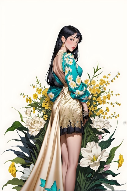 Anime Meisje met bloemen achtergrond