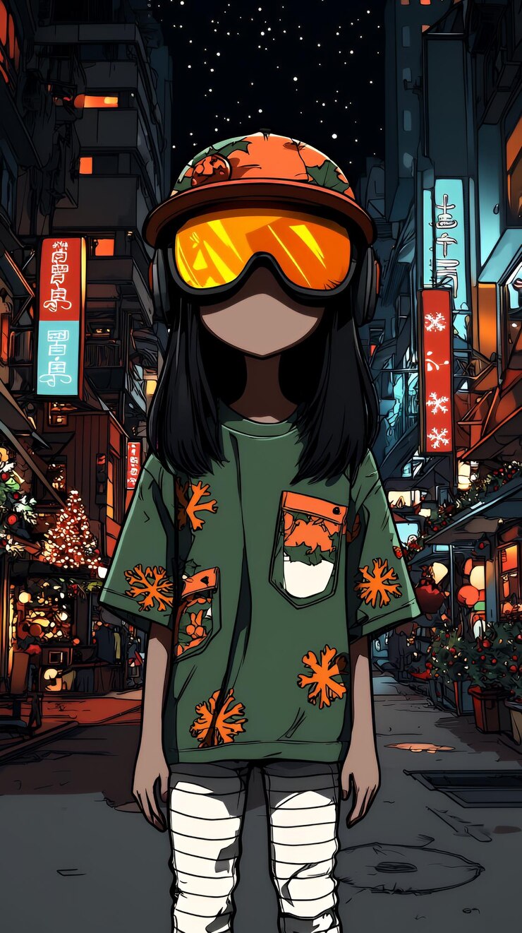 Foto anime meisje met bril en winterkleding staat's nachts in een stadsstraat