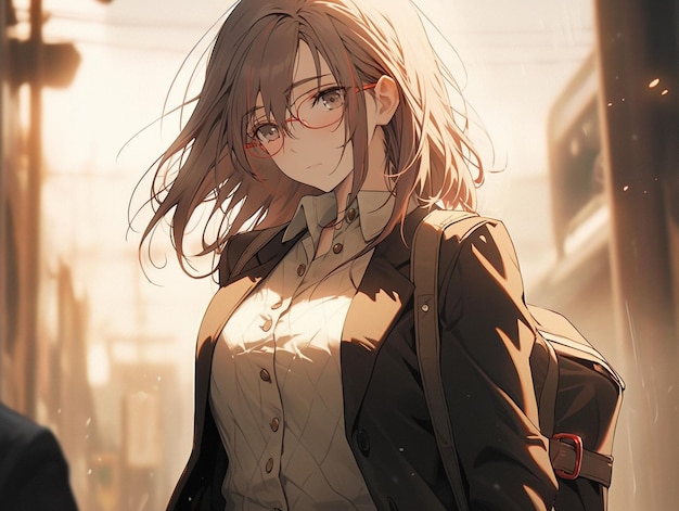 Foto anime meisje met een bril en een rugzak die door een straat loopt generatieve ai