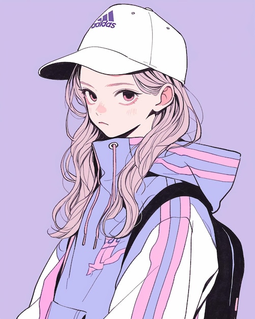 Anime meisje met een honkbalpet en een rugzak generatieve ai