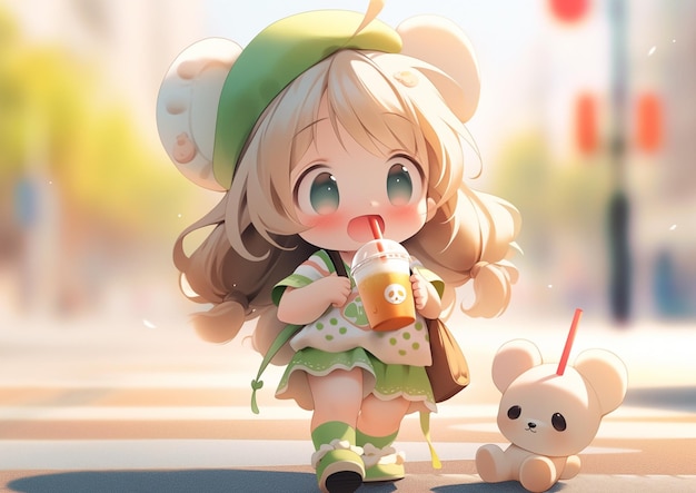 anime meisje met een kopje koffie en een teddybeer generatieve ai