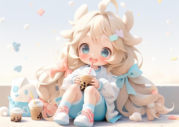 anime meisje met een kopje koffie en een teddybeer generatieve ai