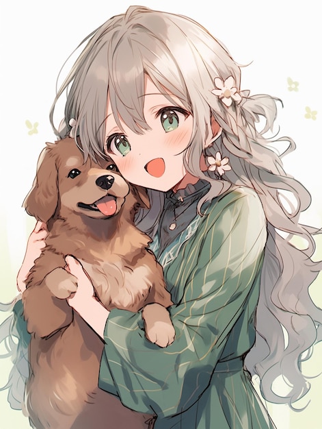 Anime meisje met een puppy in haar armen generatieve ai