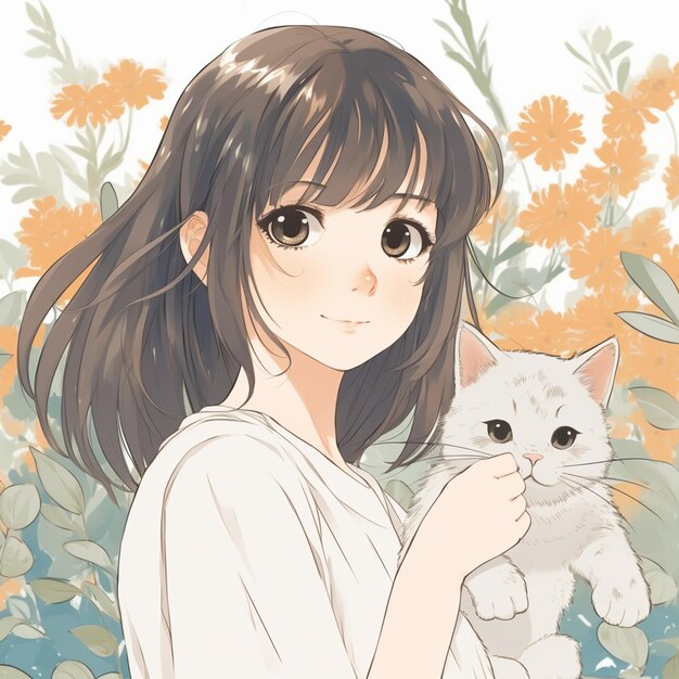 Foto anime meisje met een witte kat voor een bloemrijke achtergrond generatieve ai
