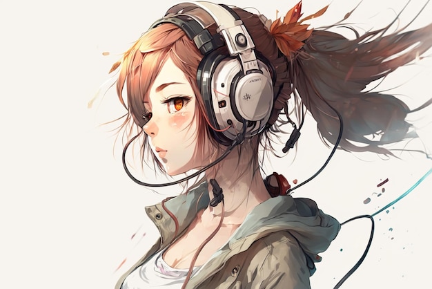 Anime meisje met koptelefoon luistert muziek portret van tiener illustratie generatieve AI