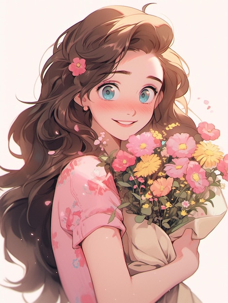 Anime meisje met lang bruin haar met een boeket bloemen generatieve ai