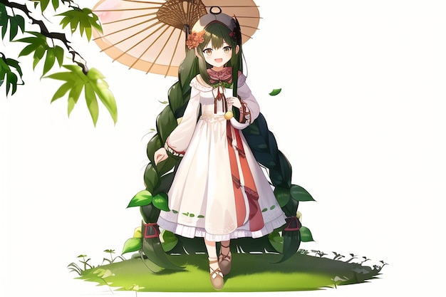 Anime meisje met lang groen haar en een witte jurk met een rood en groen patroon