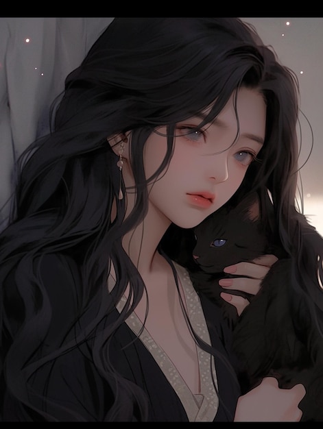 Foto anime meisje met lang zwart haar dat een zwarte kat vasthoudt generatieve ai