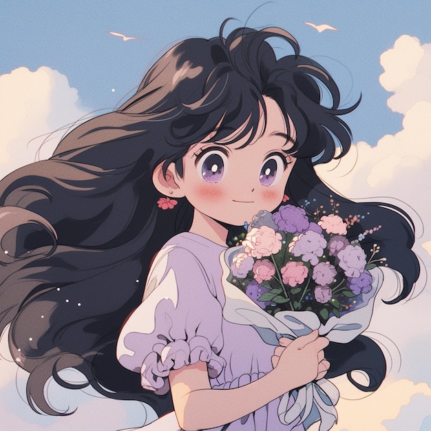 anime meisje met lang zwart haar met een boeket bloemen generatieve ai