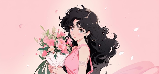 anime meisje met lang zwart haar met een boeket bloemen generatieve ai