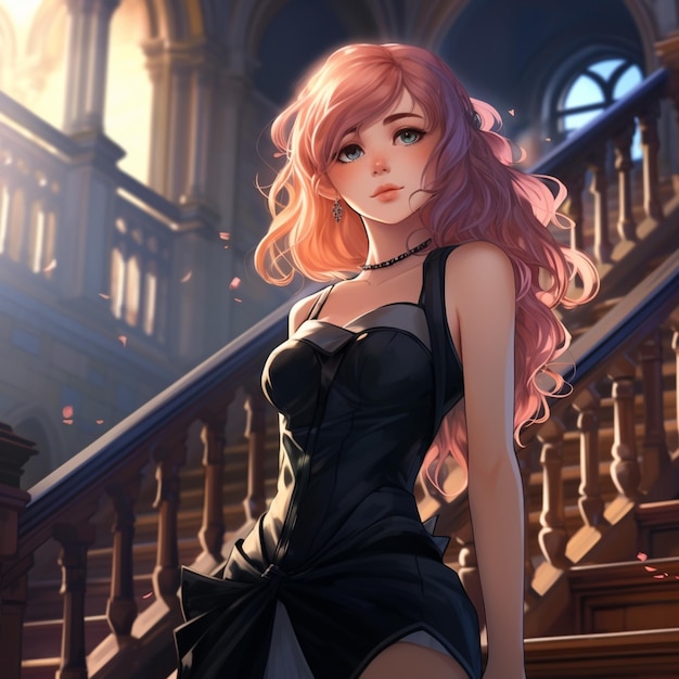 anime meisje met roze haar en zwarte jurk staande op de trap generatieve ai